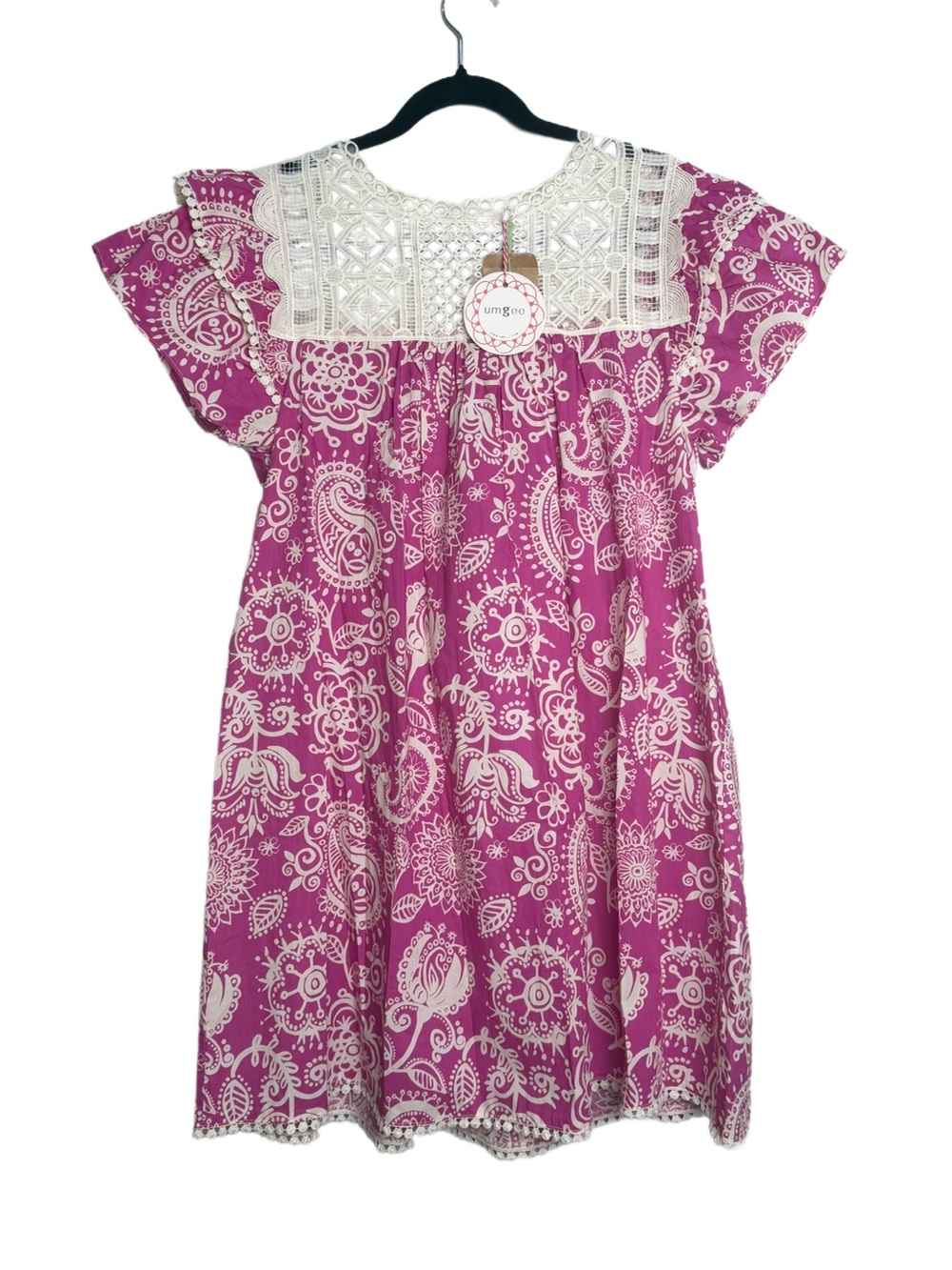 Umgee Pink Paisley Crochet Yoke Short Sleeve Dress